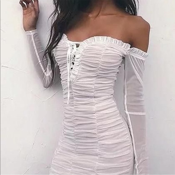 Tiger Mist XS Burnt Orange Bodycon ruched off shoulder ruffle laced up - Picture 1 of 9